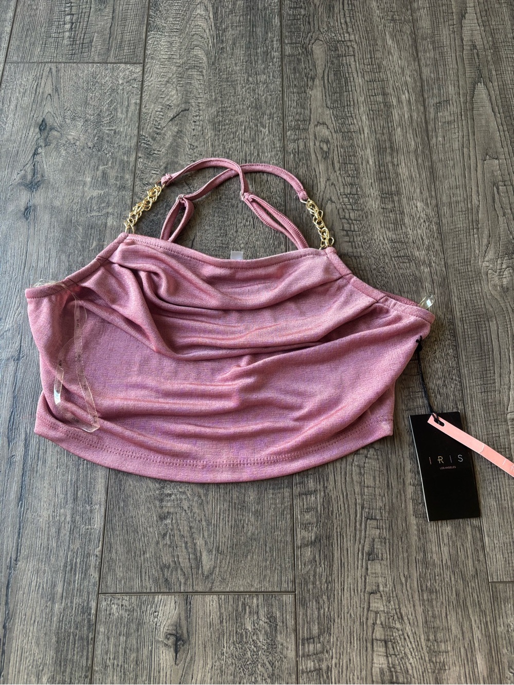 iris Pink Metallic Cowl Halter Crop Top with Gold Chain Straps